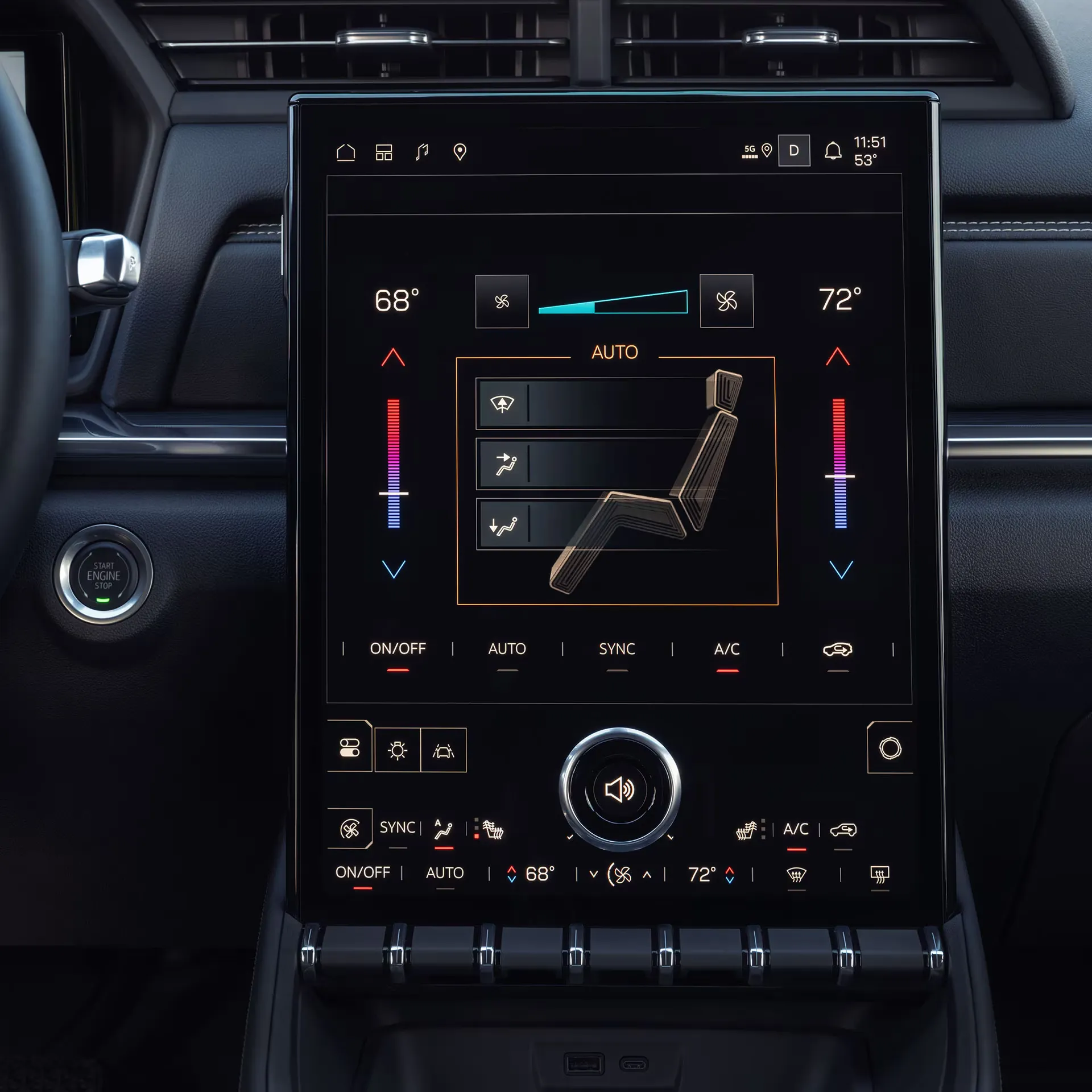 Écran tactile vertical du GMC Terrain 2027 avec commandes de climatisation et technologies embarquées.